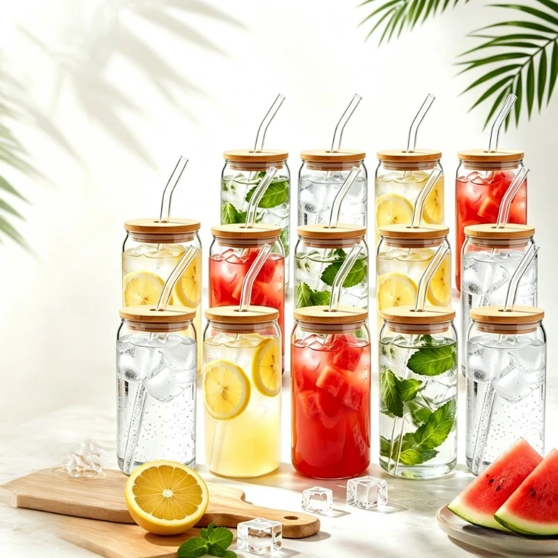 480ml Glass Cups with Bamboo Lids and Glass Straws, 6/8 Pack Clear Iced Coffee Drinking Tumbler Cups, Lead‑Free BPA‑Free Reusable Water Glasses Suitable for Juice, Beer, Soda, Beverage, Home Party Daily Use