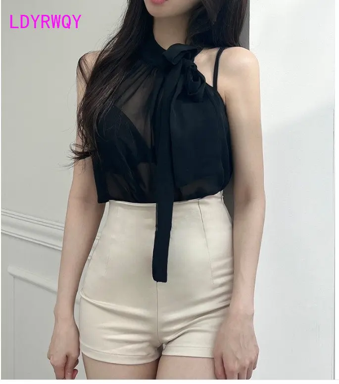 White pure sexy celebrity floating led thin micro-permeable sleeveless chiffon shirt  Blouses