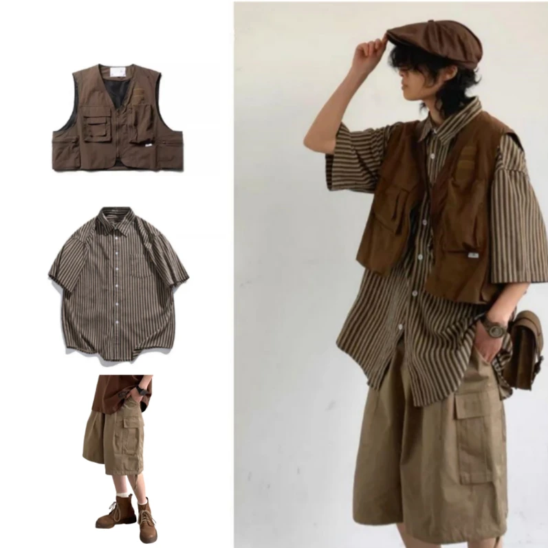 

Summer Casual Stripe Short Sleeve Men's Shirt Vest Shorts Set Trendy Brand Youth Clothing Short Pants Ensemble Chinese Manufa...