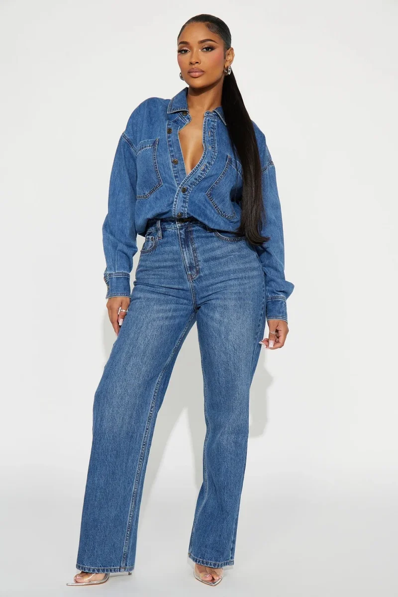 

Streetwear Denim Jumpsuit Autumn Clothes Women Long Sleeve Lapel Neck Straight Jeans Rompers Playsuits One Piece Overalls Outfit