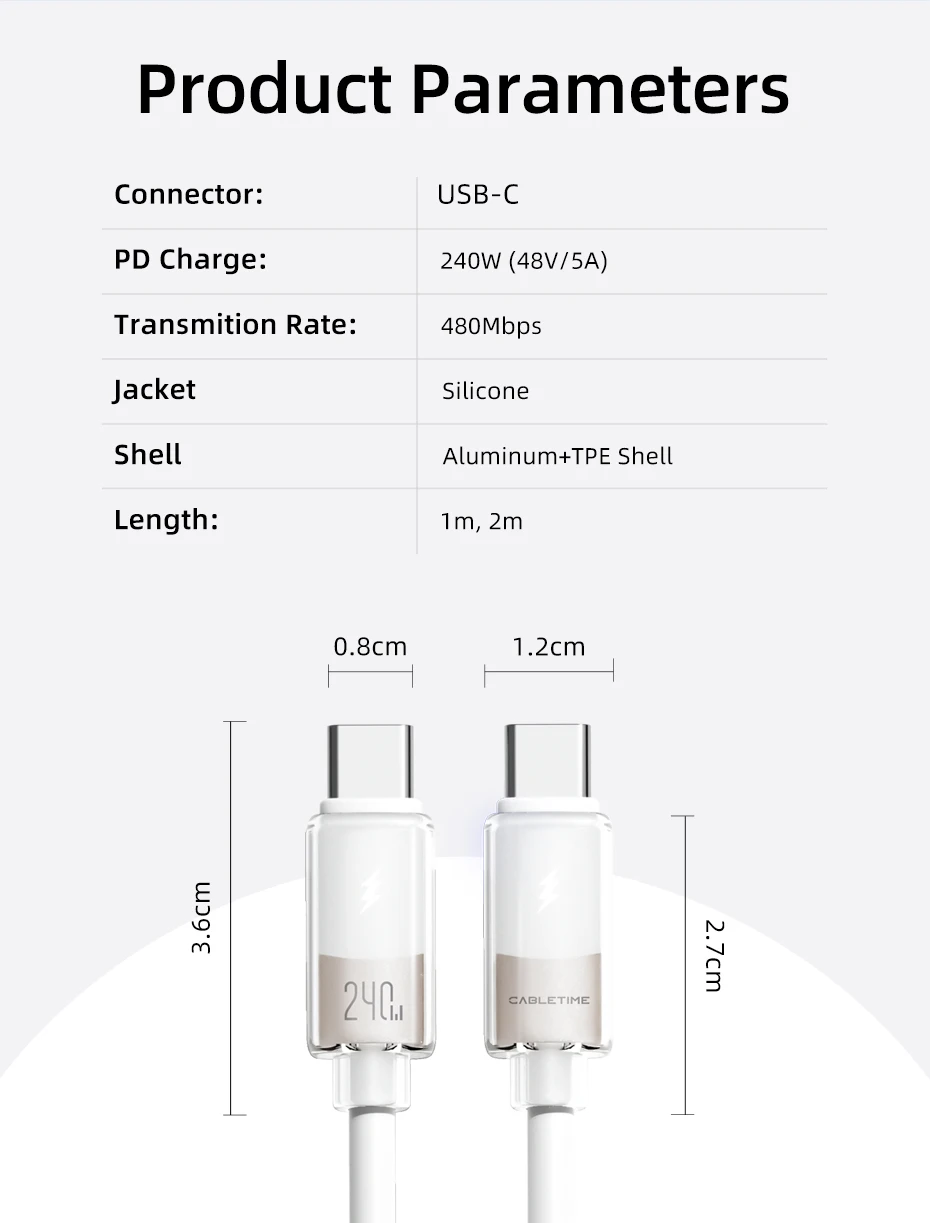CABLETIME 240W USB-C-Kabel, Typ-C-Kabel, PD 3.1 Schnellladekabel für Xiaomi, Samsung, Laptop, MacBook Pro, iPhone 17/16 – Detail 13