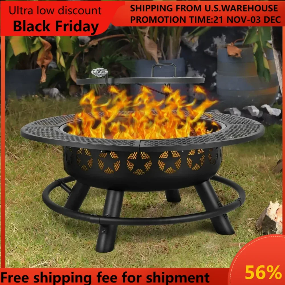 

35 Inch Fire Pit with Cooking Grate & Charcoal Pan, Outdoor Wood Burning BBQ Grill Firepit Bowl with Cover Lid, Steel R