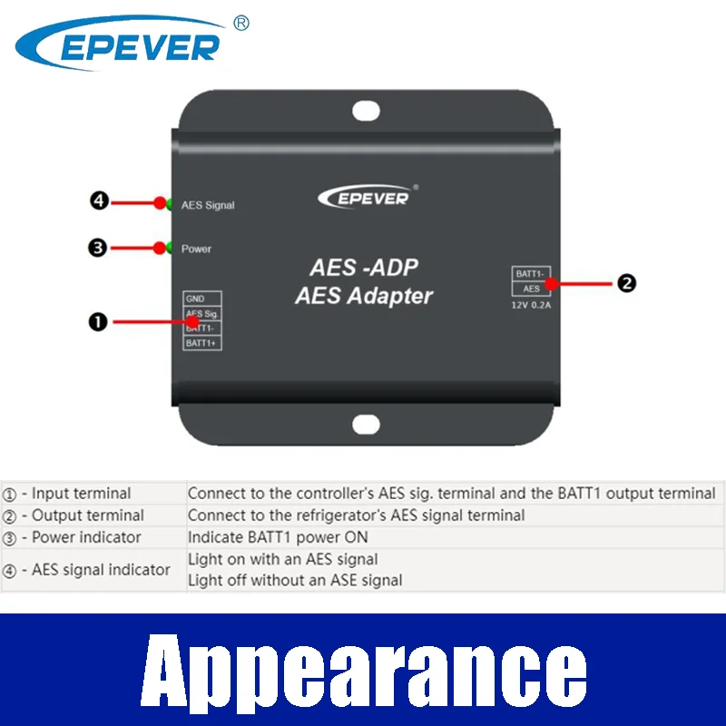 AES-ADPは、epever duoracerおよび冷蔵庫接続用のソーラーコントローラー信号を冷蔵庫信号アクセサリーに変換します