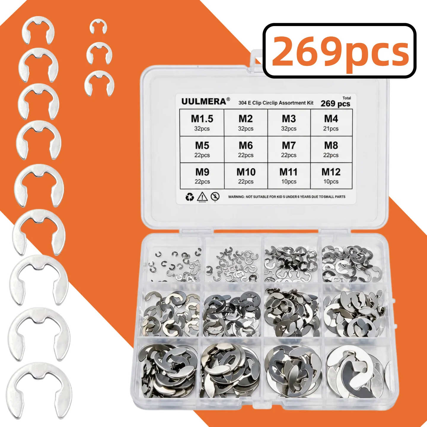 E-Clip Snap Ring Set 269/209/402/311PCS 304 Stainless Steel Alloy External Retaining Circlip Assortment Auto Hardware Fasteners