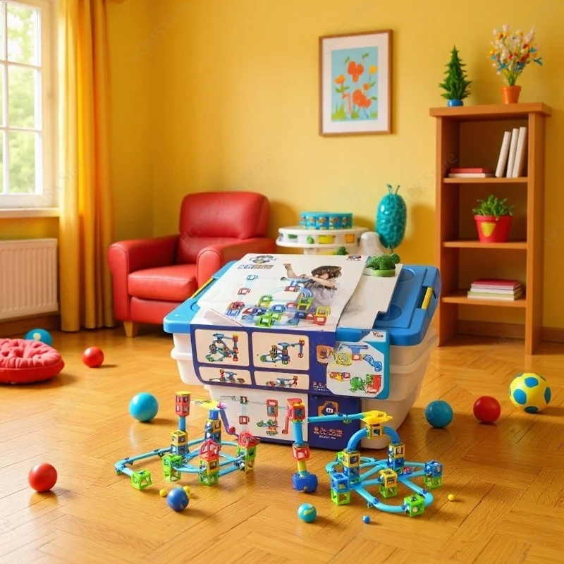Magnetic Ball Track Toy Cute City Parking Lot Viaduct High Speed Rail Build Set Kids Educational Interactive Desktop Puzzle Game