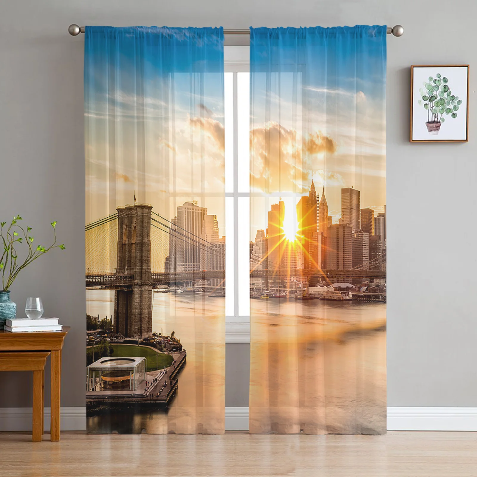 City Sunset Bridge Dusk Building Modern Tulle Curtains for Living Room Bedroom Home Kitchen Window Sheer Curtains