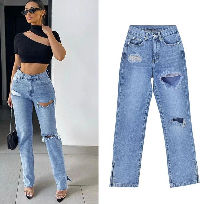 

2024 New Fashion Street Hipster Straight Pants Women Jeans Split Pants Sexy Cut Out Jeans High Waist Long Trousers Pants 30209