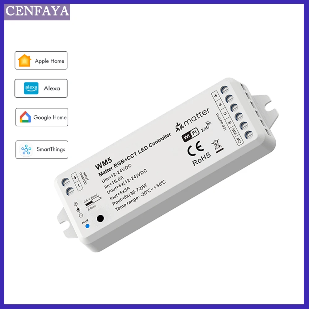 Matter WiFi LED Controller 5CH Smart RGBCCT Dimmer APP Remote Voice Control Dimming Support Apple Homekit Alexa DC 12V 24V