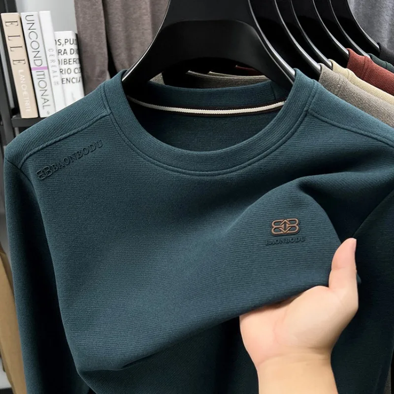 

Mulberry Silk Long Sleeved Hoodie Men's Autumn Casual Versatile Elastic Round Neck Trendy Base Shirt T-shirt Top Men's Clothing