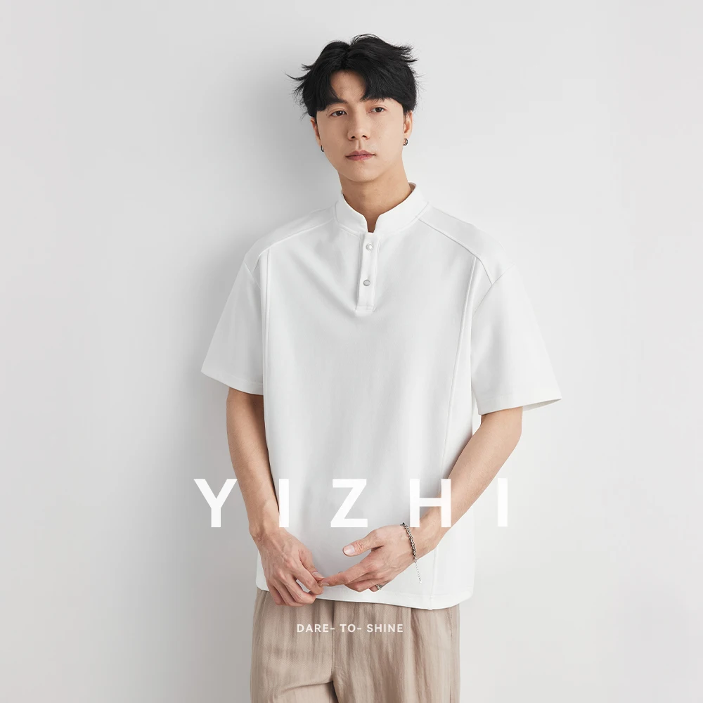 Men's Heavyweight 240g New Chinese Stand Collar Button Short Sleeve T-shirt Summer Loose Drop