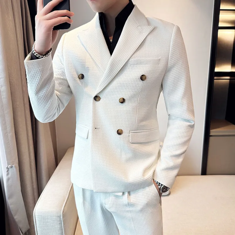 Chaqueta de traje Formal de doble botonadura para Hombre, abrigo ajustado personalizado para novio de boda, color blanco y negro, 2024