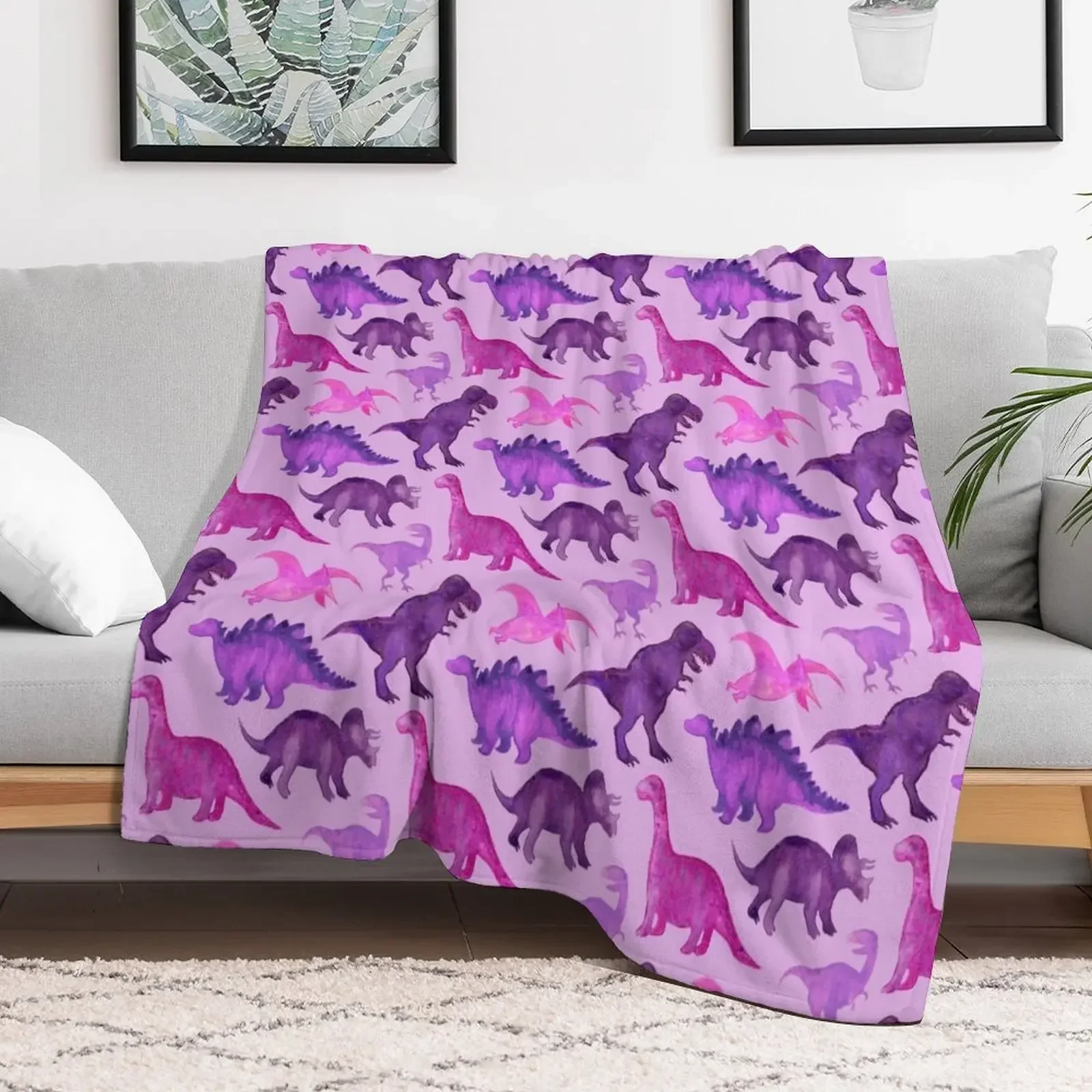 

Pink and Purple Watercolor Dinosaurs on Purple Throw Blanket Soft Big Beach Blankets