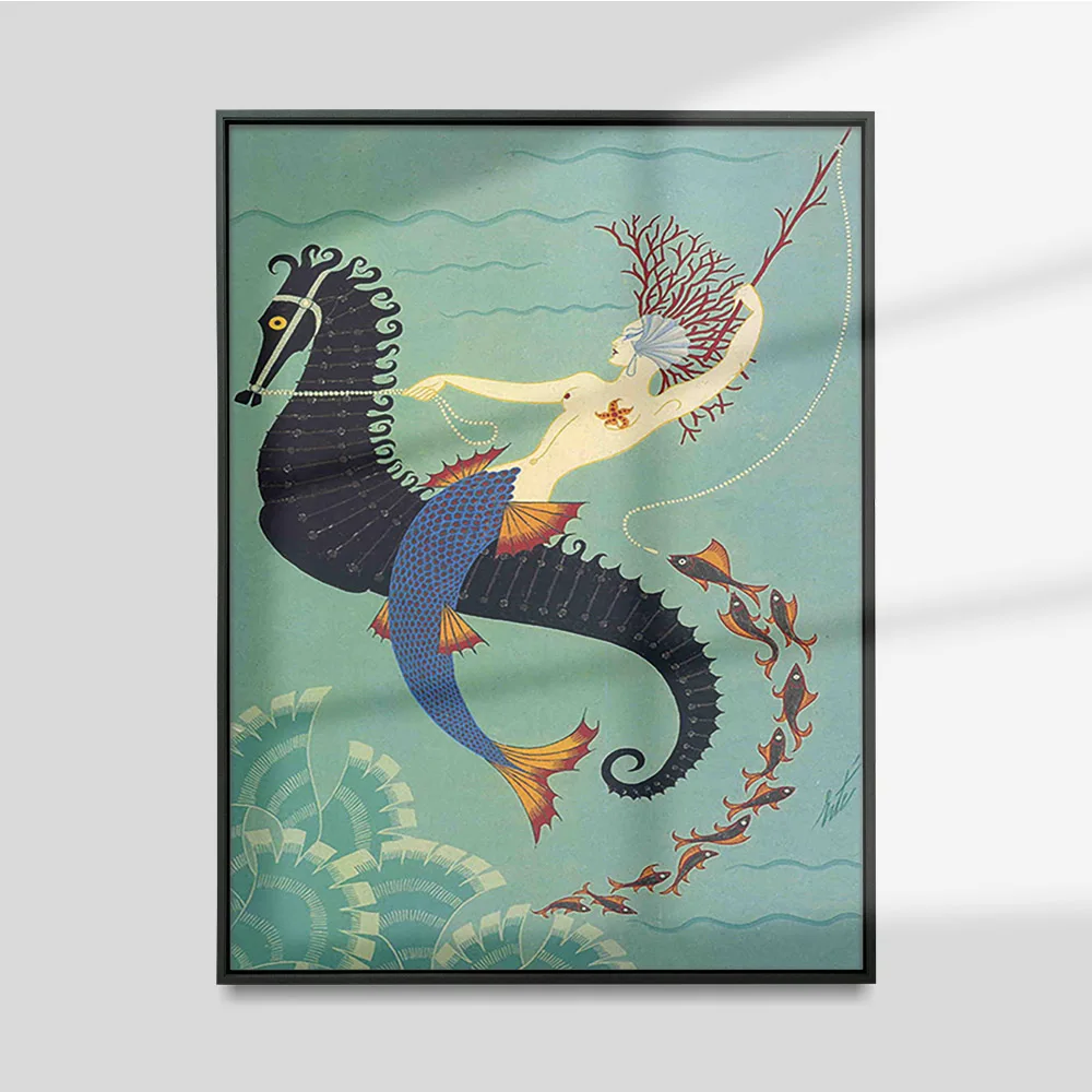 Erte Matted Vintage Poster Mermaid Canvas Painting Ocean Seahorse Fish Wall Art Print Picture Bathroom Decor