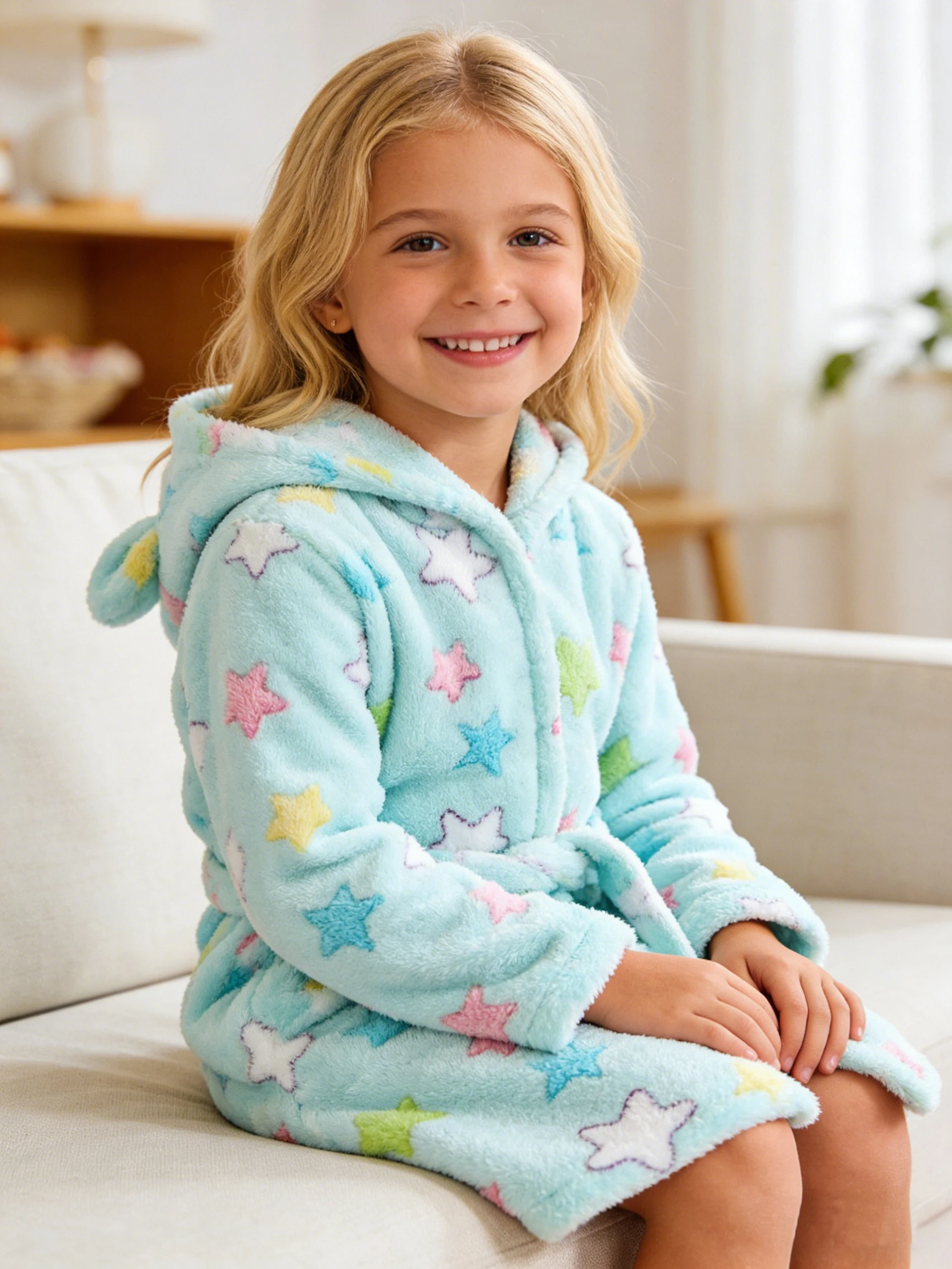 Girls' Bathrobe Autumn/Winter Colorful Star Printed Bathrobe for Kids Long Sleeve Hooded Cute Children's Pajamas