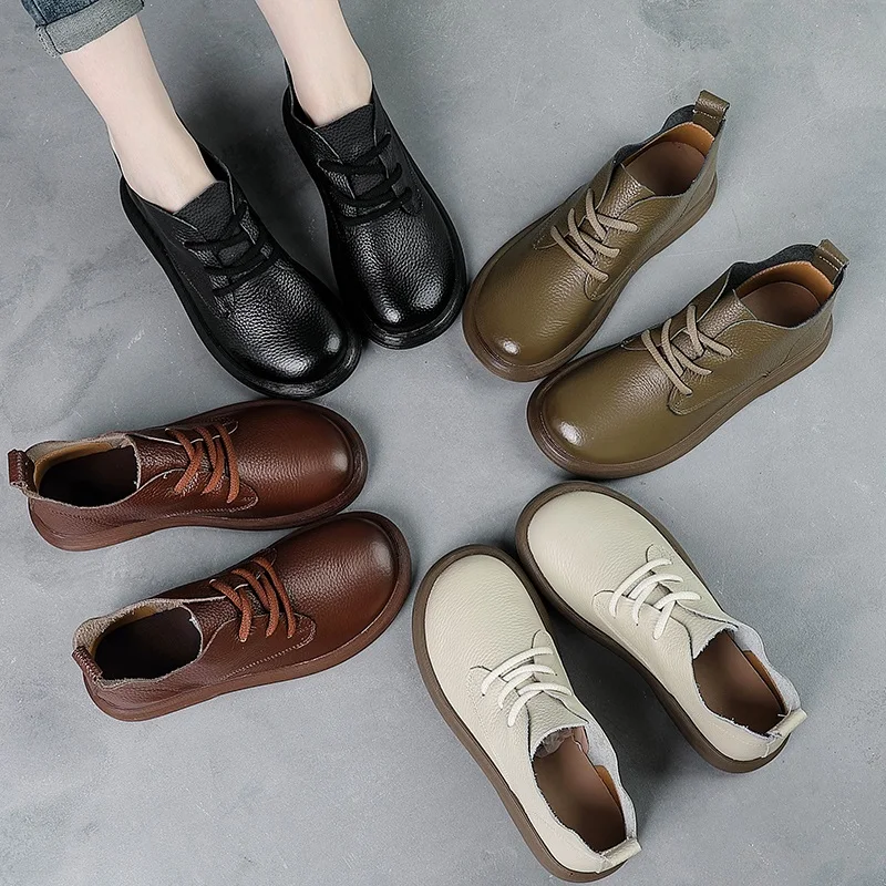 DRKANOL 2026 النساء أحذية الخريف الشتاء أفخم حقيقية جلد البقر لينة الراحة الشقق كعب قصير حذاء من الجلد السيدات أحذية دافئة