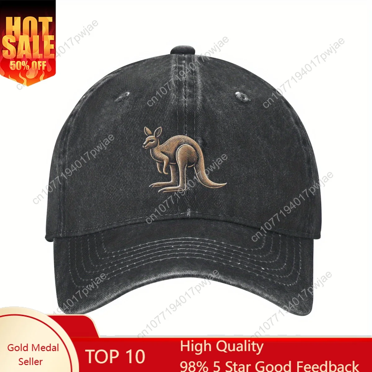 

1pc Kangaroo Baseball Cap - Adjustable Cotton Denim Dad Hat for Men & Women, Lightweight & Breathable, Black with Brown Kangaroo