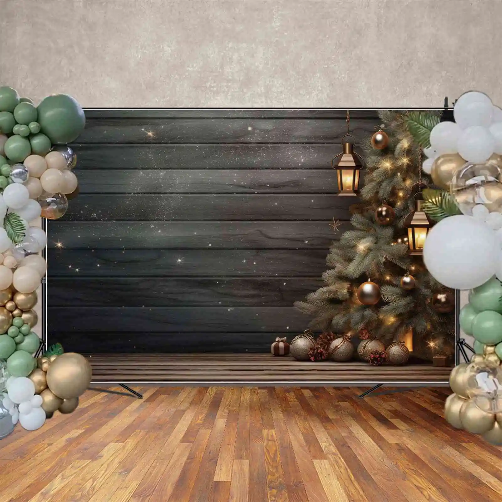 MOON.QG-telón de fondo de árbol de Navidad, decoración de lámpara dorada, tablón de madera, pared, suelo, fotografía de fondo, Banner de fiesta personalizado, cabina de fotos