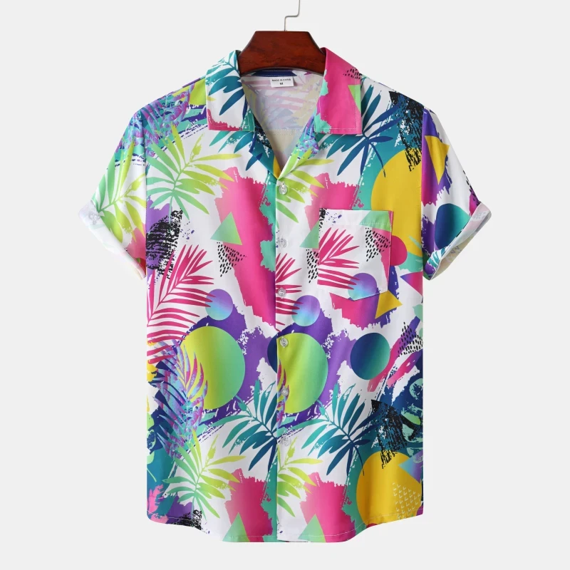 Camisa Havaiana Masculina de Verão com Estampa 3D de Arco-Íris, Blusa de Praia de Manga Curta para Homens e Mulheres