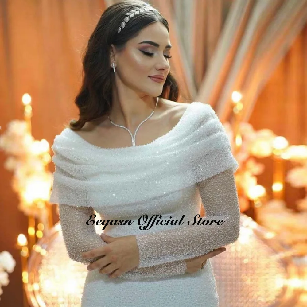 Customized Classy Fitted Prom Dresses Shiny Long Sleeve Glitter Beading Evening Gowns Formal Trumpet Party  فساتين مناسبة رسمية