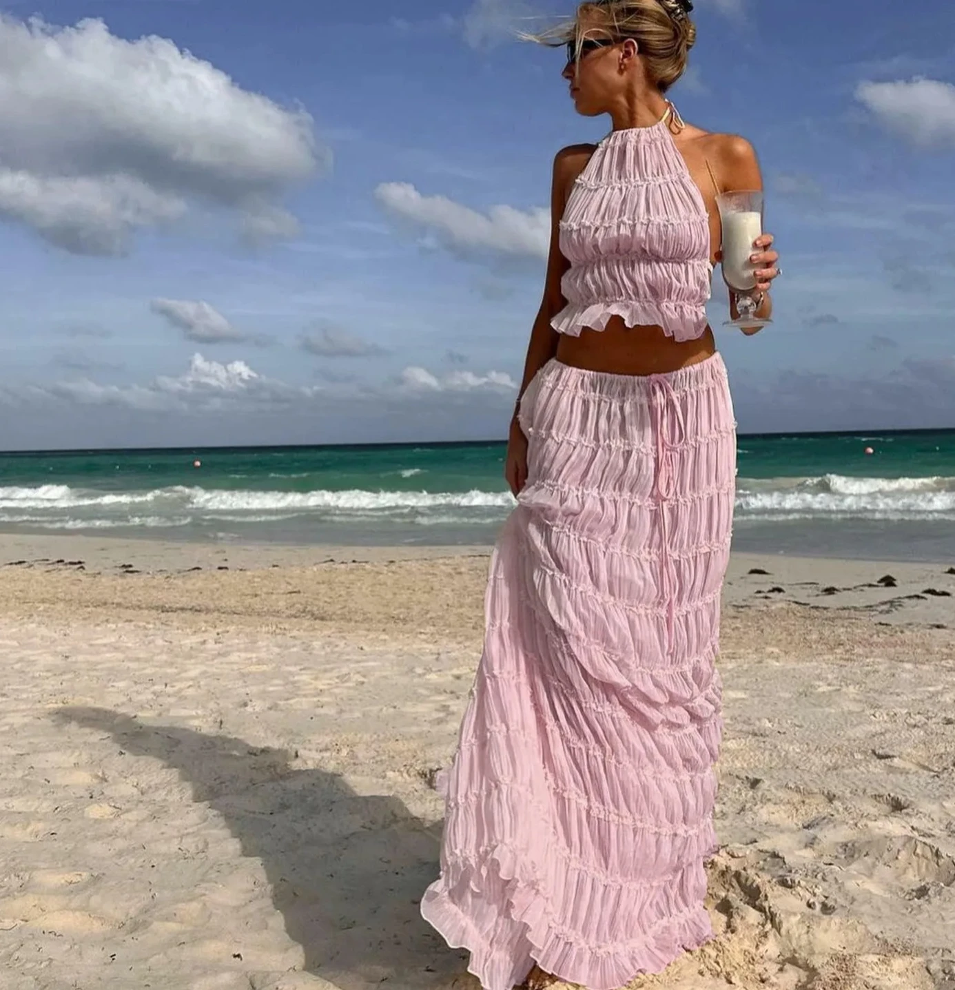 2Piece Skirt Set for Women Lace Up Back Tank Tops Tie Up High Waist Long Skirts Outfits Fairy Vacation Cottagecore Dress