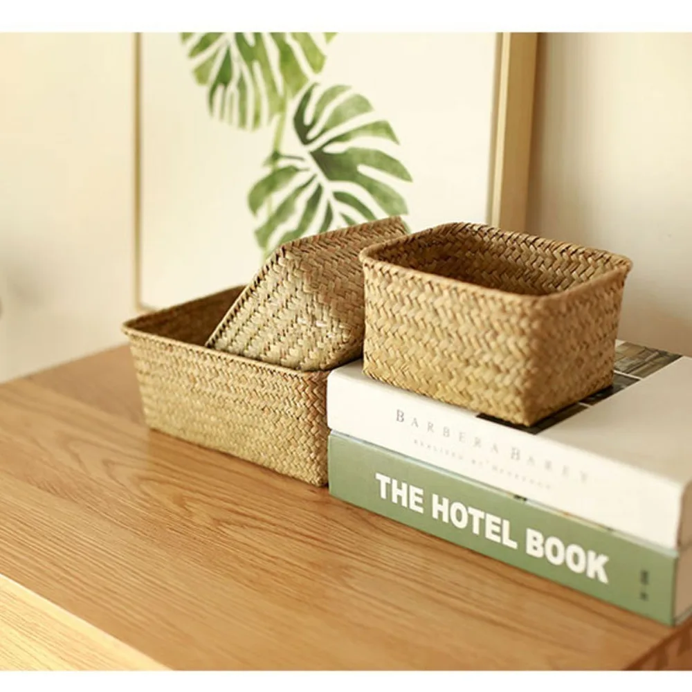 Handmade Woven Seagrass Storage Basket Straw Rattan Basket Picnic Basket Fruit Storage Box Cosmetic Storage Container Home Decor