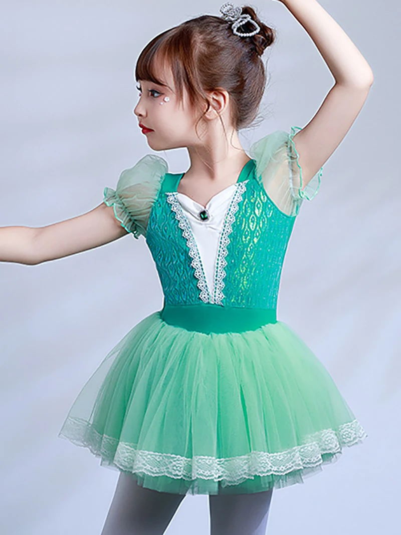 Green Kids Girls Fairy Mesh Tutu Ballet Dance Dress Open Crotch Stage Performance Gymnastics Leotard Ballerina Costume Dancewear