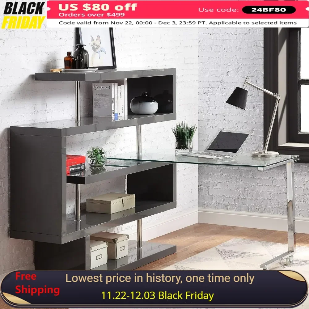 

L Shaped Computer Desk, 360° Rotating Corner Home Office Desk with Storage Shelves & Glass Tabletop, Swivel Large Writing Study