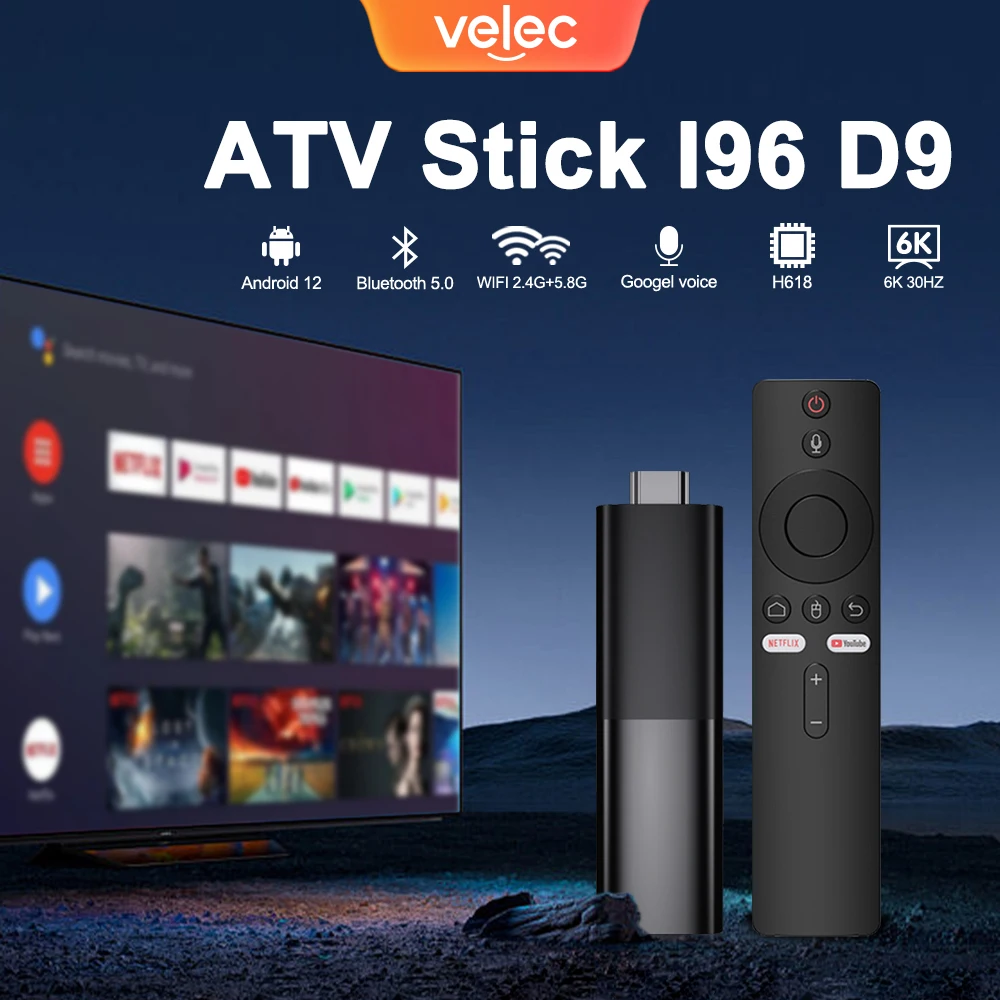 Velec Mini TV Stick Android 12 Allwinner H618 Quad Core 2GB 16GB Support 6K 2.4G&5.8G Dual Wifi BT Voice Remote Smart TV Box