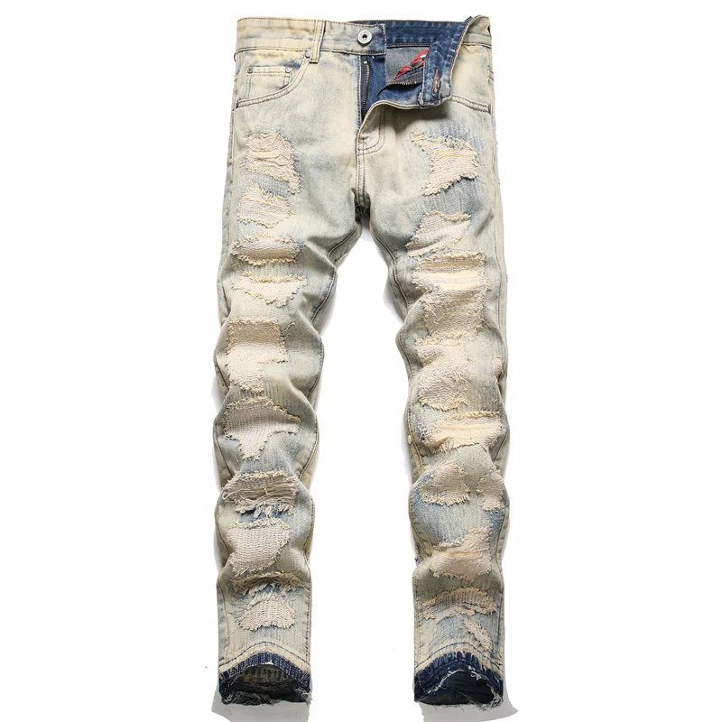 

Ripped Scrape Jeans Men's Vintage Nostalgic Color Street Trend Punk Style Fashion Slim-Fitting Biker Skinny Pants