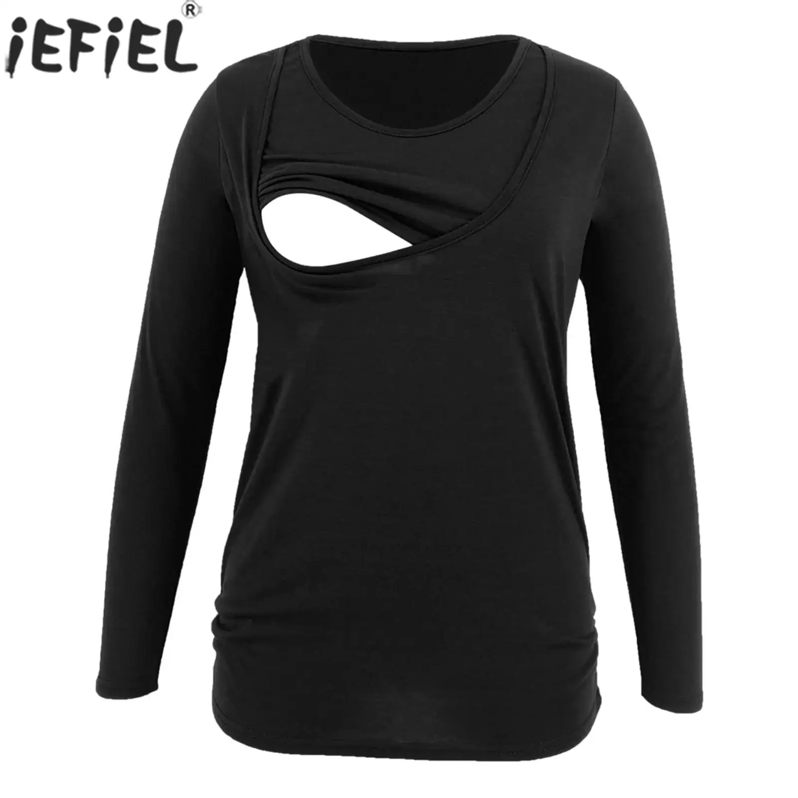 

Футболка для беременных и кормящих мам, повседневная одежда для дома и сна, с длинным рукавом, однотонная, с рюшами, повседневная, для улицы