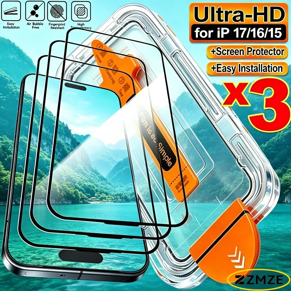 

3Pcs Ultra HD Full Screen Protector for iPhone 17 16 15 Pro Max Air 17e 16 15 Plus 14 13 12 11 Pro Dust Free Installation Glass