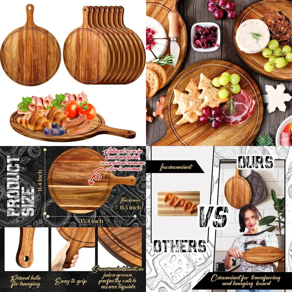 

Round Wooden Cutting Boards with Handle, 10 Pack Acacia Wood Serving Boards for Kitchen, Perfect for Pizza, Bread, Cheese, Charc