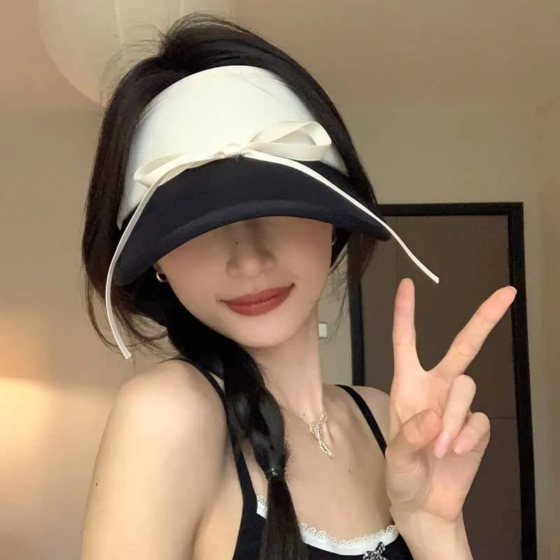 الحلو القوس حزام قبعة الشمس المرأة صيف 2025 جديد الحرير الجليد واقية من الشمس ظلة تنفس قبعة للشاطئ التخييم UV حماية قبعات