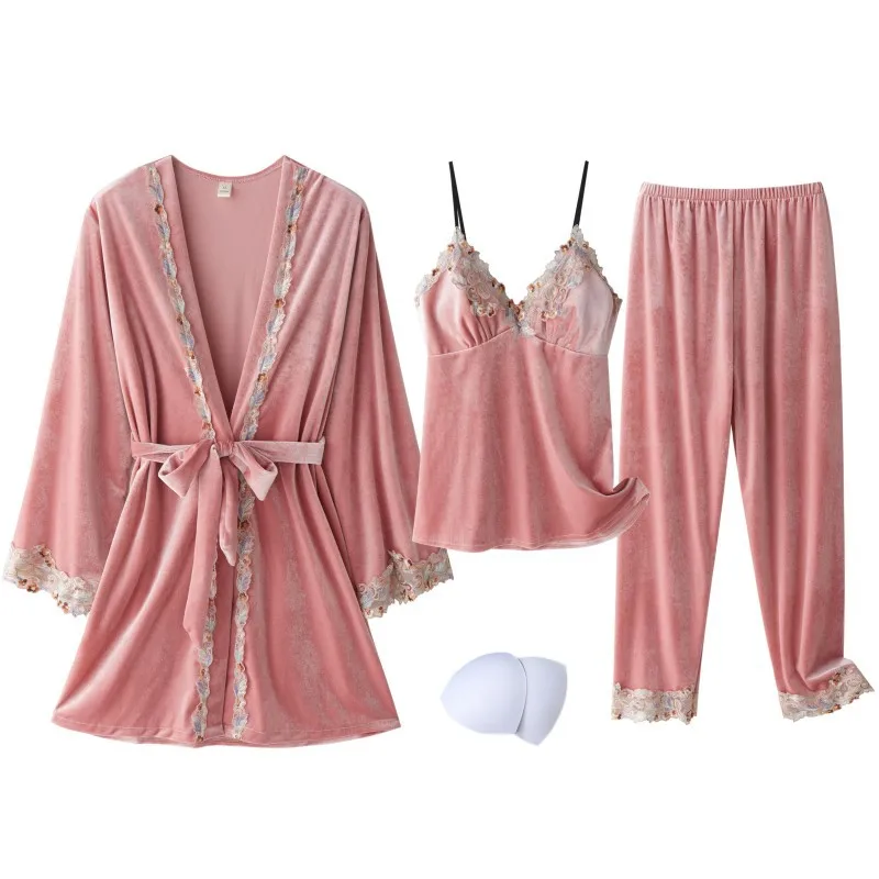 New Velour Pajama Suit Women 3PCS Robe Nightgown Set Sleepwear Lady Winter Velvet Warm Lace Folwer Kimono Bathrobe Gown 2025 - Image 6
