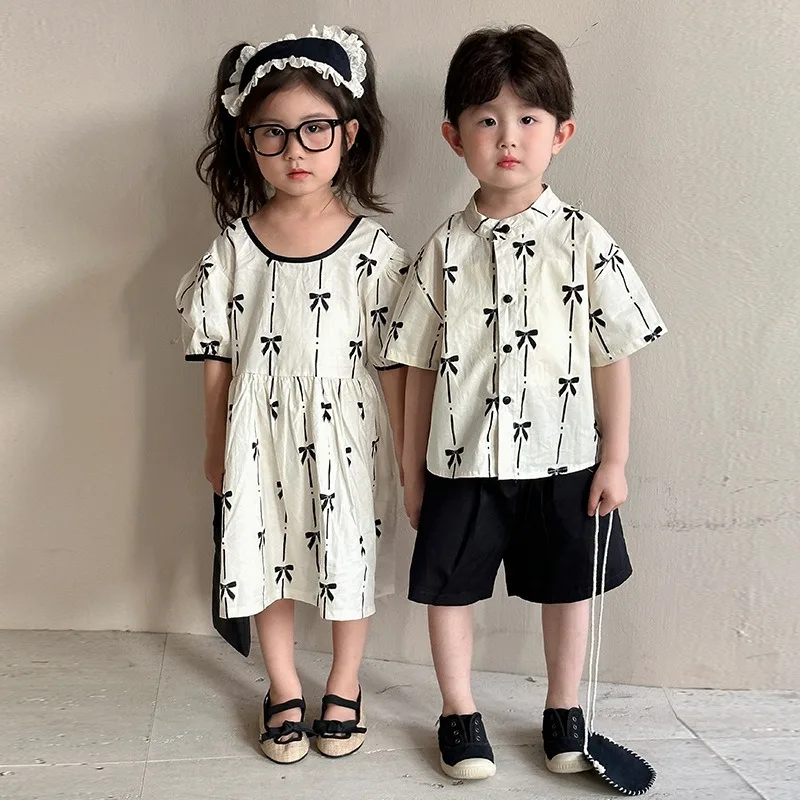

Children's Summer Boys' Set Bow 2025 New Summer Dress Cute Casual White Short Sleeved Girls' Dress Siblings Round Neck Thin