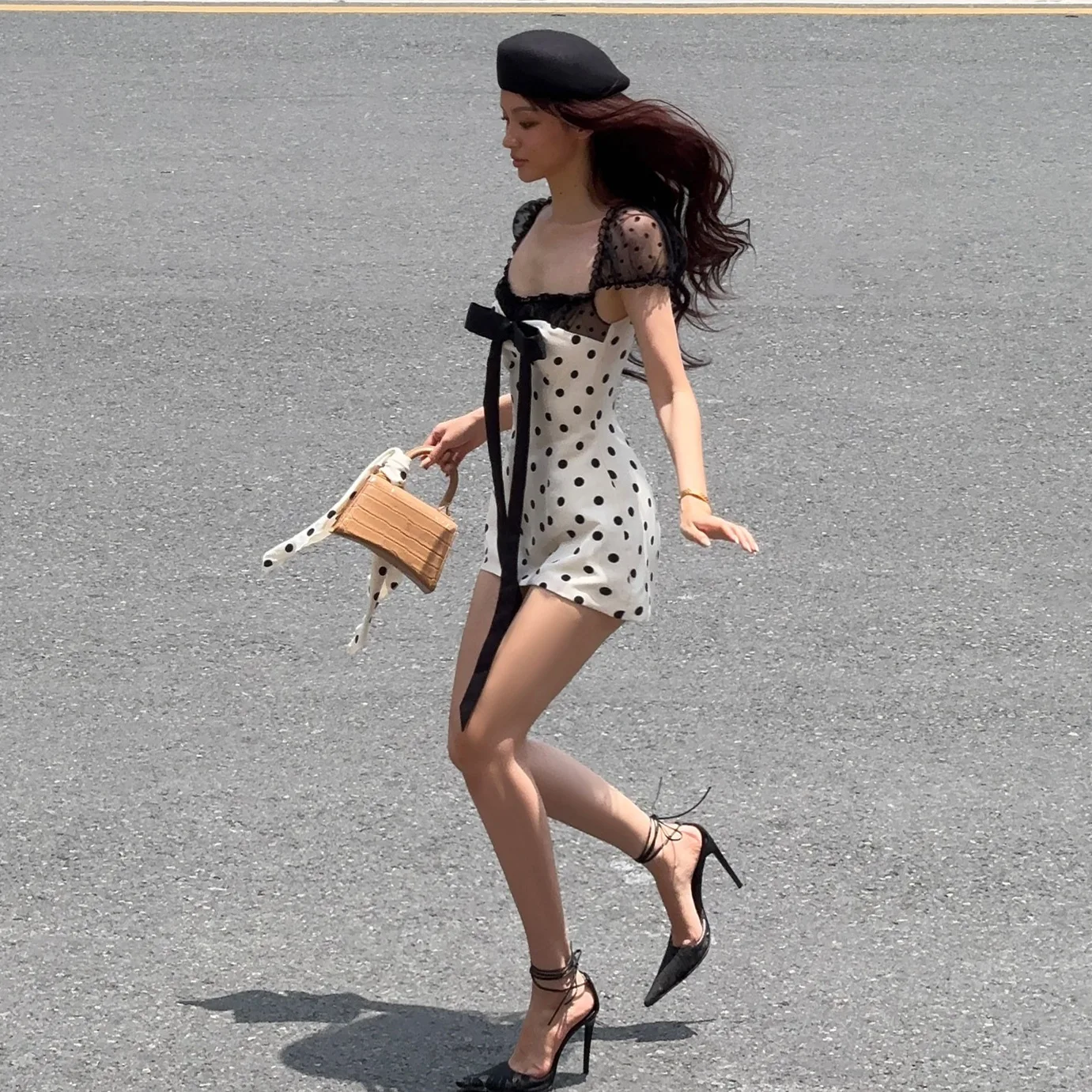 

2026 Spring and Summer New Slim and Thin Fashion Sexy Bow Square Neck Mesh Dress Women