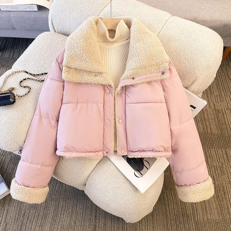 سترة شتوية للنساء على الوجهين بلون سادة وطية صدر السترة من صوف الضأن الصناعي معطف أمريكي غير رسمي أنيق عالي الشارع سميك