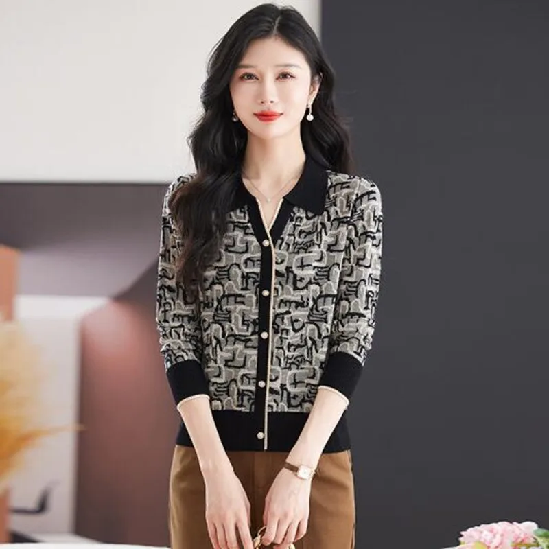 2024 knit cardigan Print series short V-neck single-breasted printed pattern fashion cardigan long-sleeved sweater cardigan