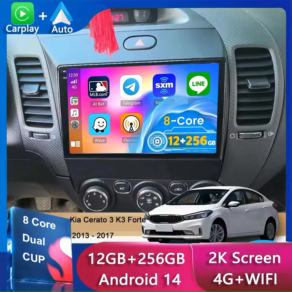 

12G+256G 9" Android 15 For Kia Cerato 3 K3 Forte 2013 - 2017 Car Radio Multimedia Video Player Navigation GPS Carplay 2 Din 4G