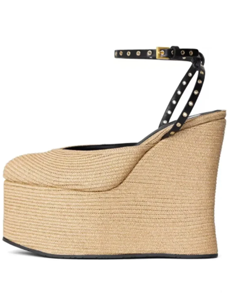 European and American Summer Grass Woven Wedge Heel Thick Soled Sandals, Thick High Heels, Party Fashionable Women's Sandals
