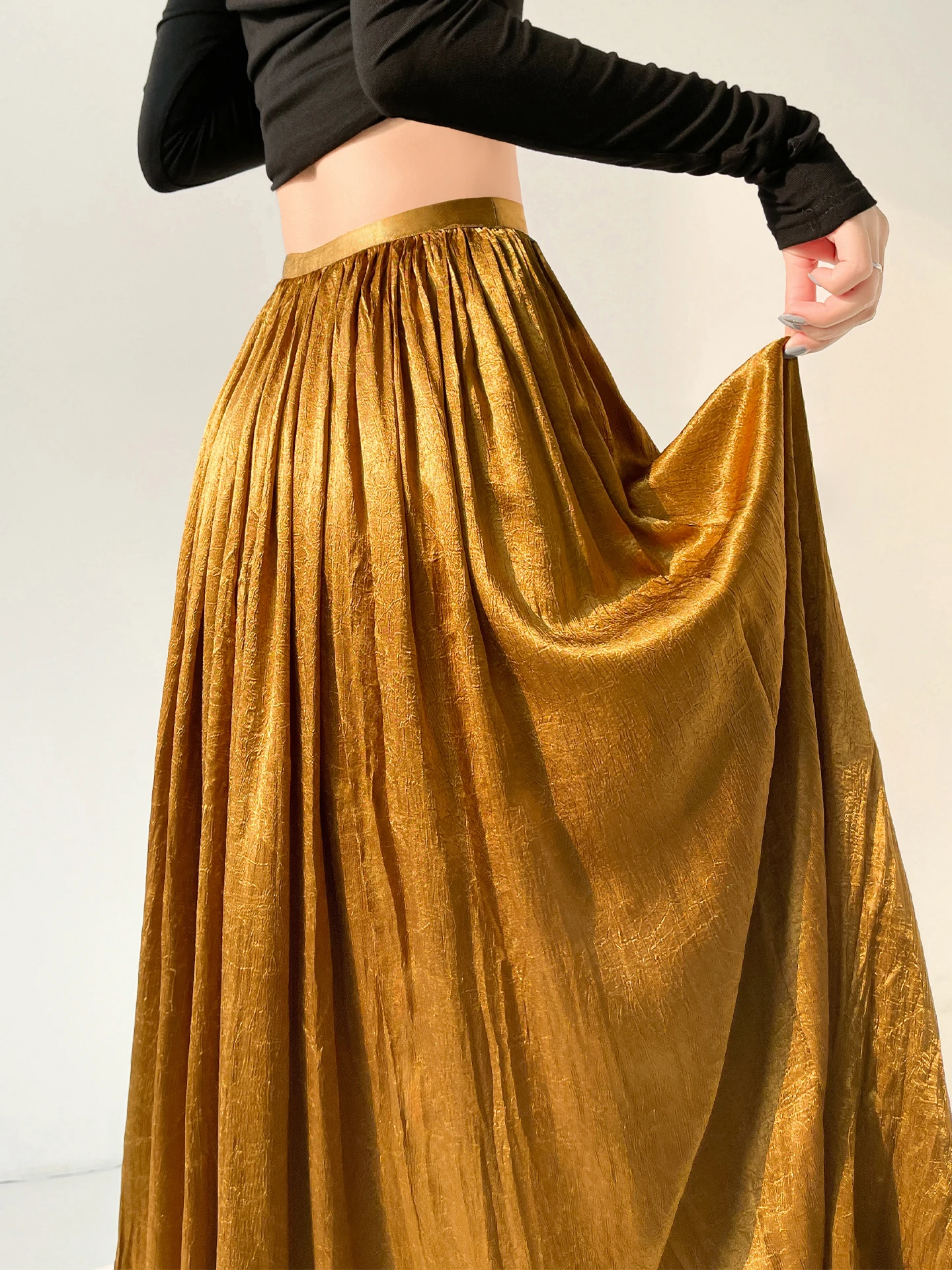 

Элегантная винтажная плиссированная юбка из атласа для женщин, А-силуэт, фасон «зонтик», весна-лето, новая коллекция, пышная, струящаяся, красивая