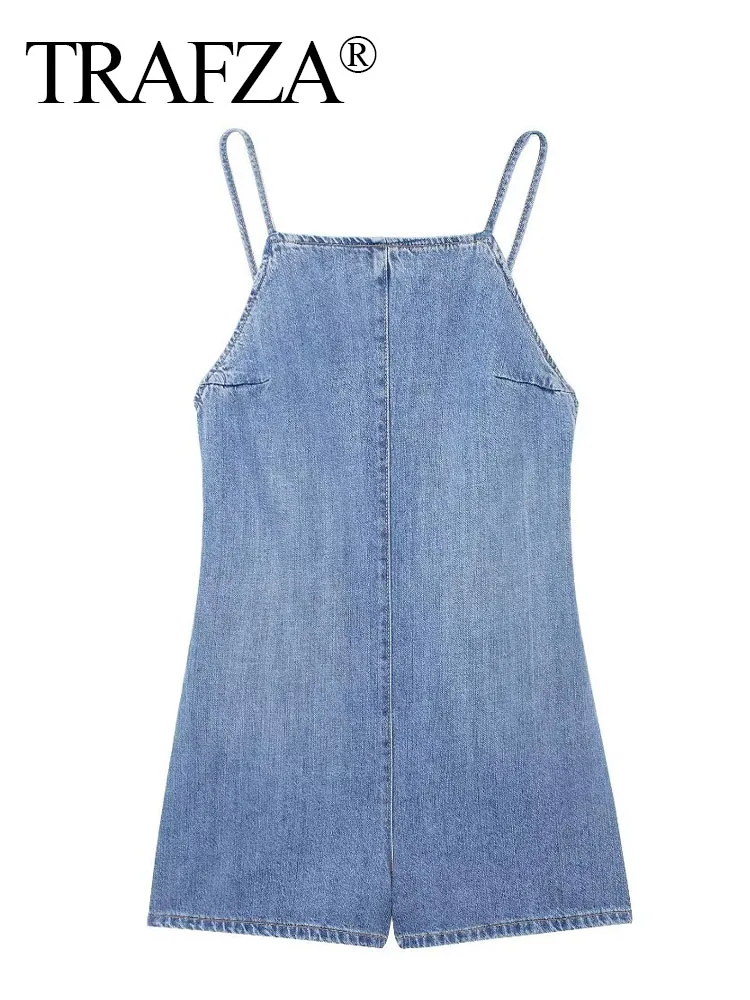 

TRAFZA Summer For Women Elegant One-Neck Blue Denim Jumpsuit Sleeveless Sling Backless Pocket Woman Casual Beach Jumpsuits Mujer