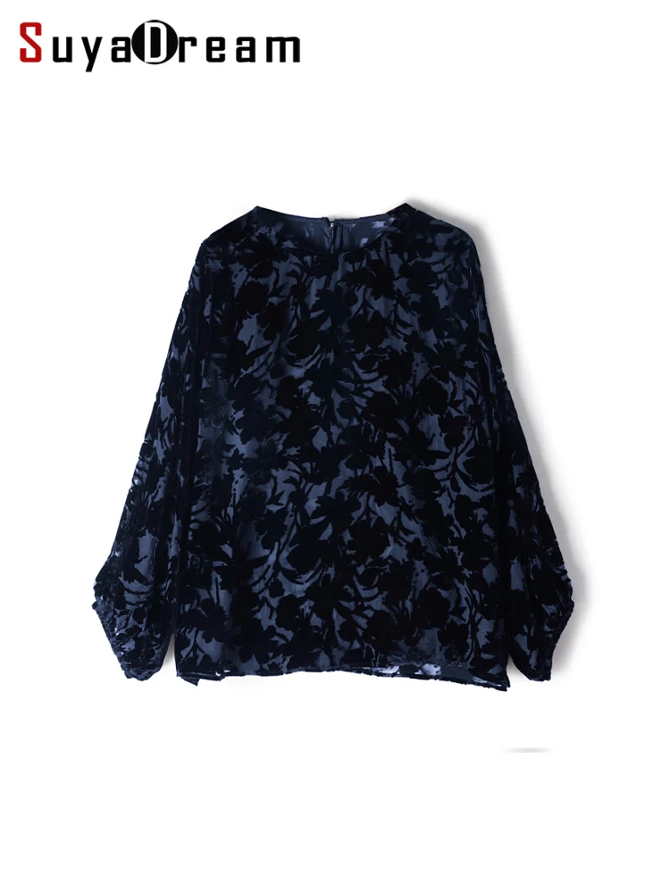 

SuyaDream, Women Velvet Blouses, 100%Real Silk, Round Collar, Sheer Loose Shirts, 2025 Spring Summer Elegant Top, Navy, Black