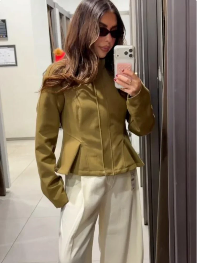 Women Solid Stand Collar Full Zip Slim Jacket  Elegant Waist-cinching Ruffle Hem Short Coats Autumn Lady Highstreet 2026 Outwear