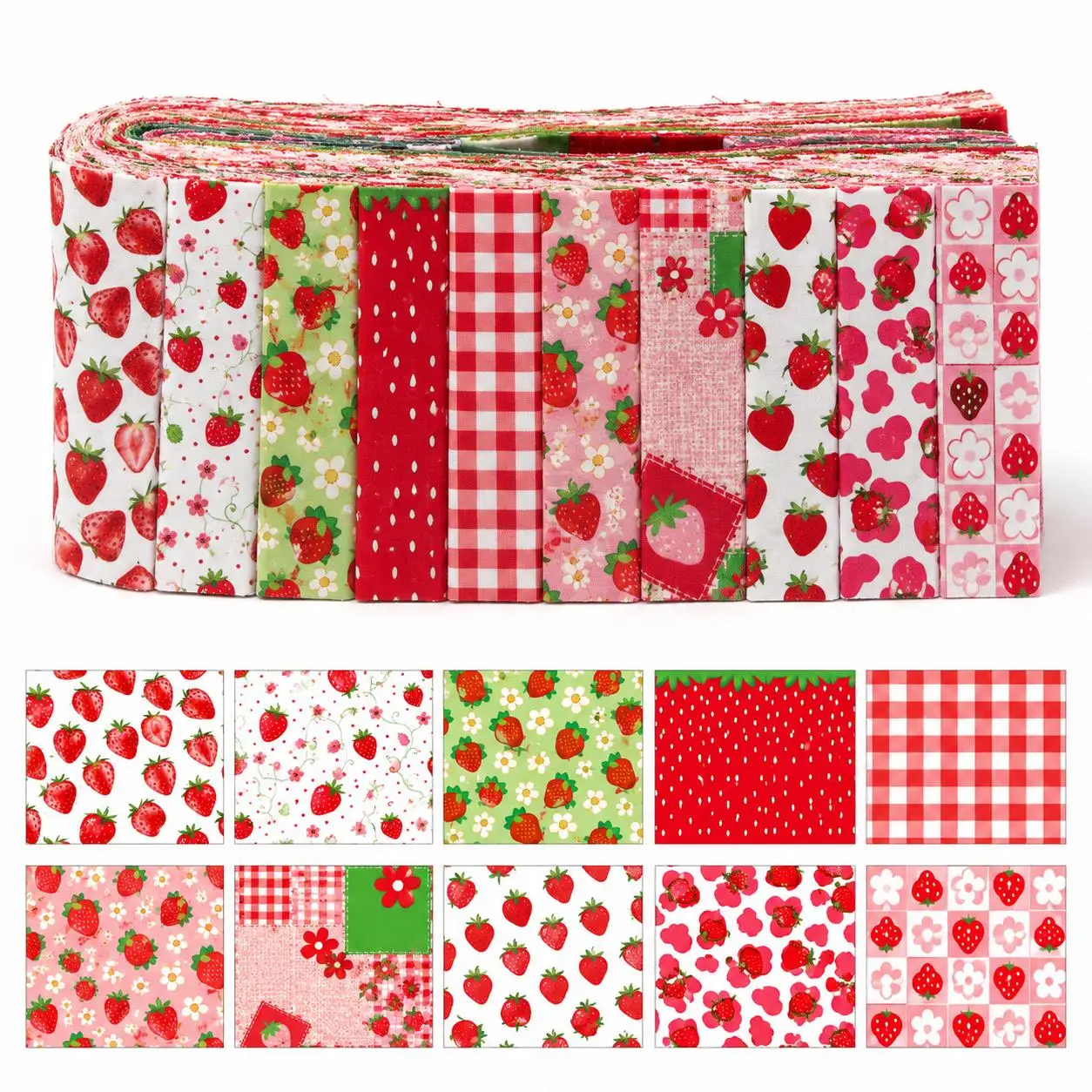 10pcs Strawberry Fabric Rolls Designed For Fabric Strips In a Jelly Roll Style, Each Measuring 2.5Inches Precut Quilting Squares