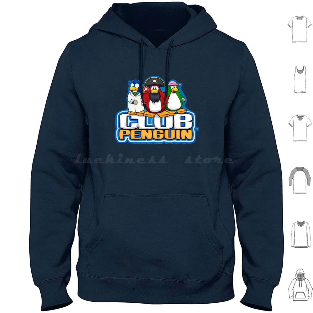 Club Penguin Logo With Characters Hoodies Long Sleeve Club Penguin Logo Meme Funny Cute Blue Yellow White Animal Cool