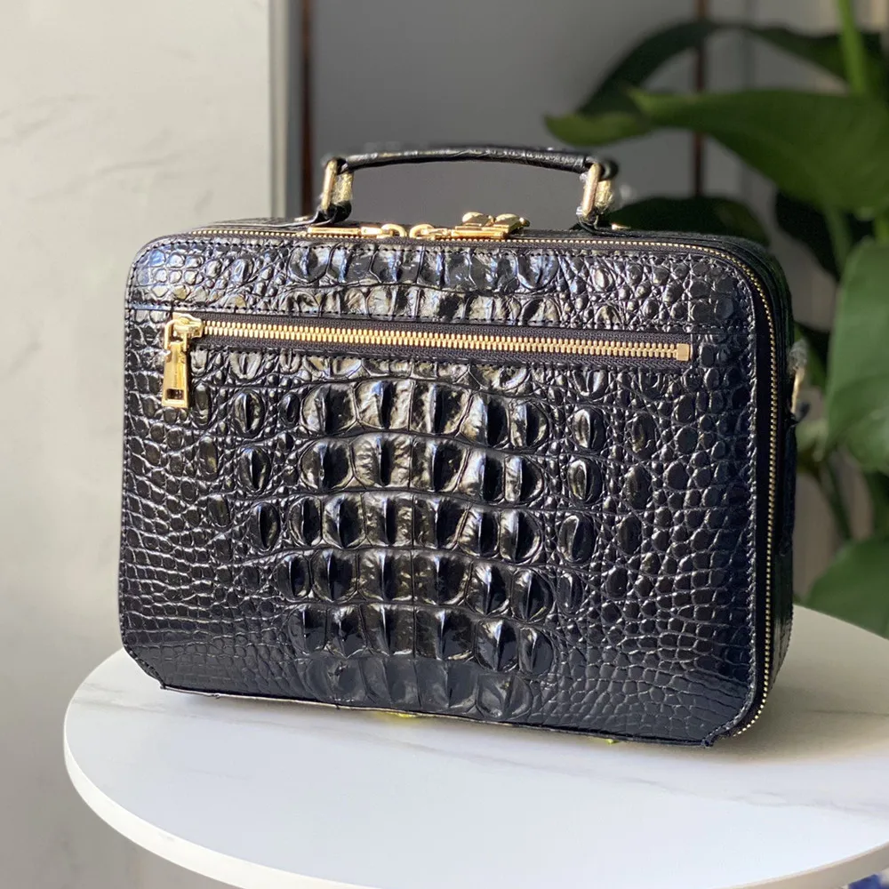Genuine Crocodile Leather Men's Business Casual Handbag, Real Crocodile Leather Zipper Large Capacity Shoulder Crossbody Bag