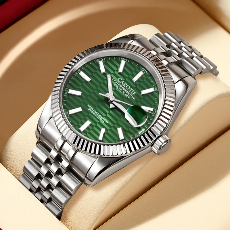 A women's silver steel strap temperament fashion striped green side date automatic mechanical watch