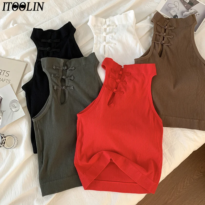 ITOOLIN Elegant Women Chinese Button Tank Tops With Bra Pad O-Neck  Sleeveless Tank Tops For Women Sexy Crop Tops All-Match 2024