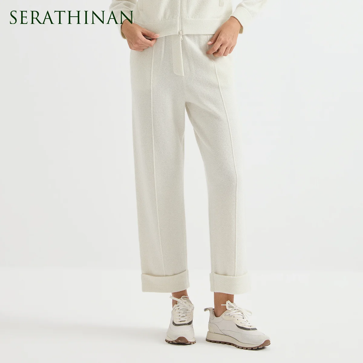 BY3621774 Women's 100% Wool Knit Trousers Front Pintuck Seam Wide Leg Pants Cuffed Hem Sport Luxe Quiet Luxury Early Autumn
